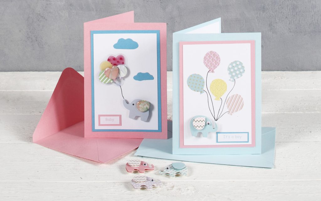 Baby shower kort med elefant og ballon
